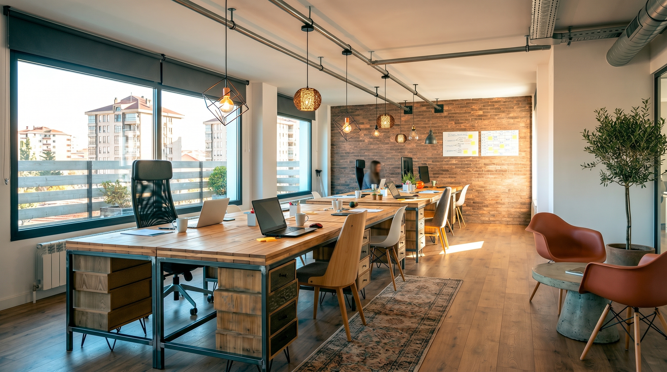 Espaço comercial contemporâneo com materiais neutros, luz natural e organização funcional