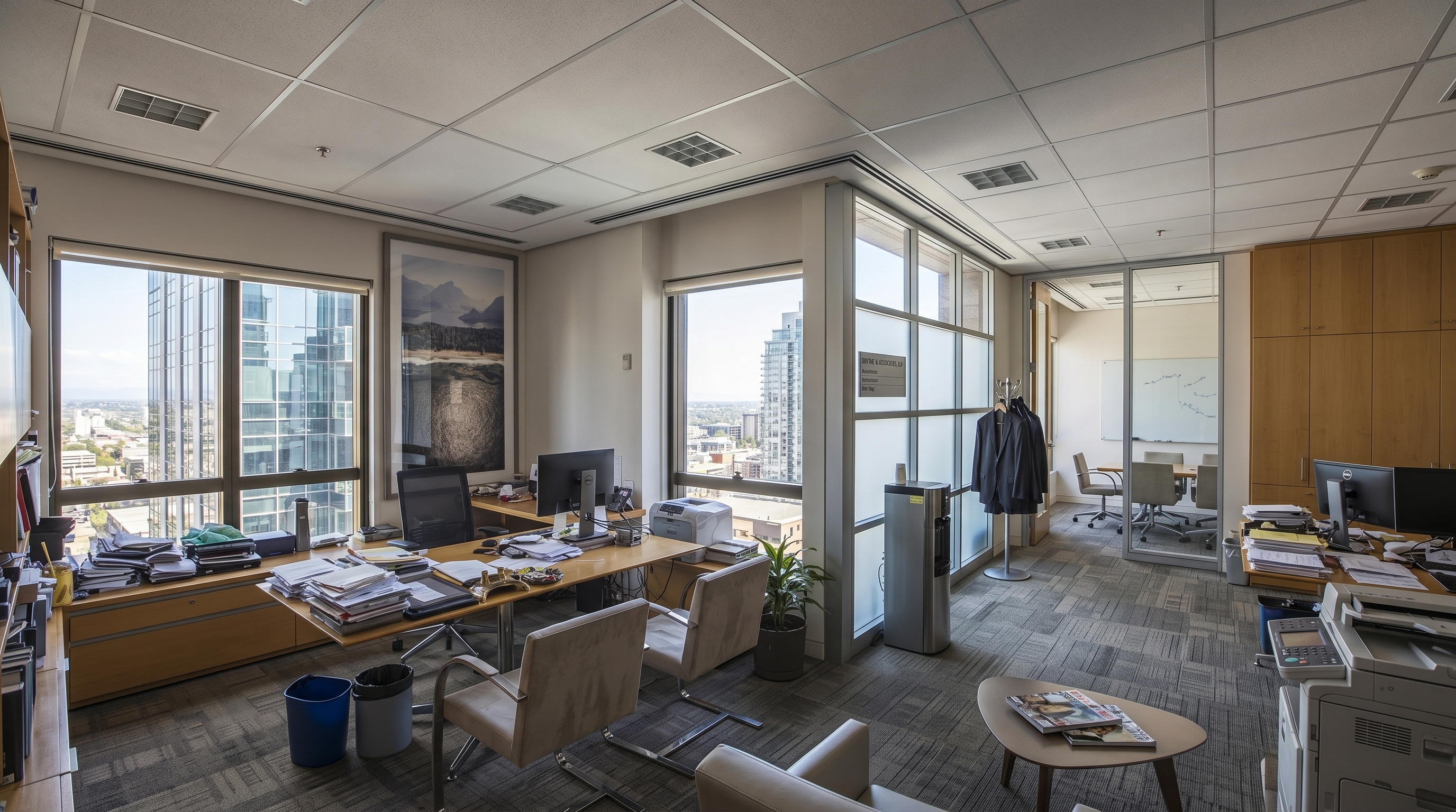 Escritório executivo com vista urbana, áreas de trabalho e sala de reunião
