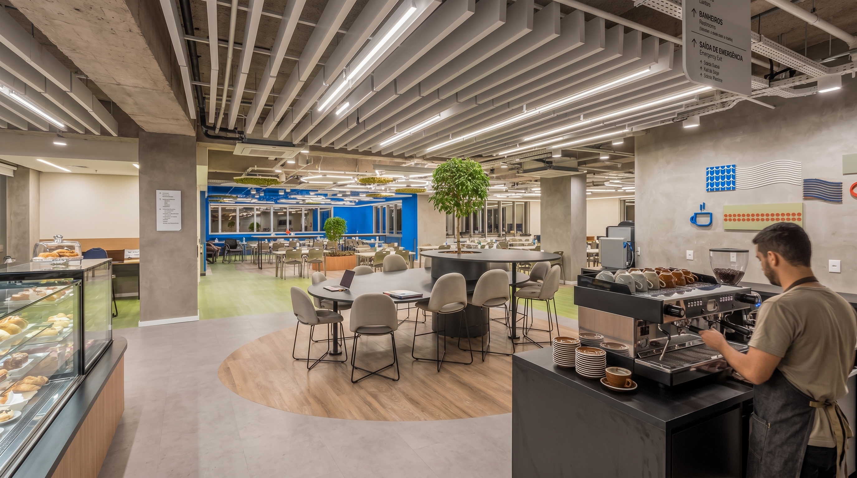 Área comercial integrada com cafeteria, mesas de apoio e espaços de convivência