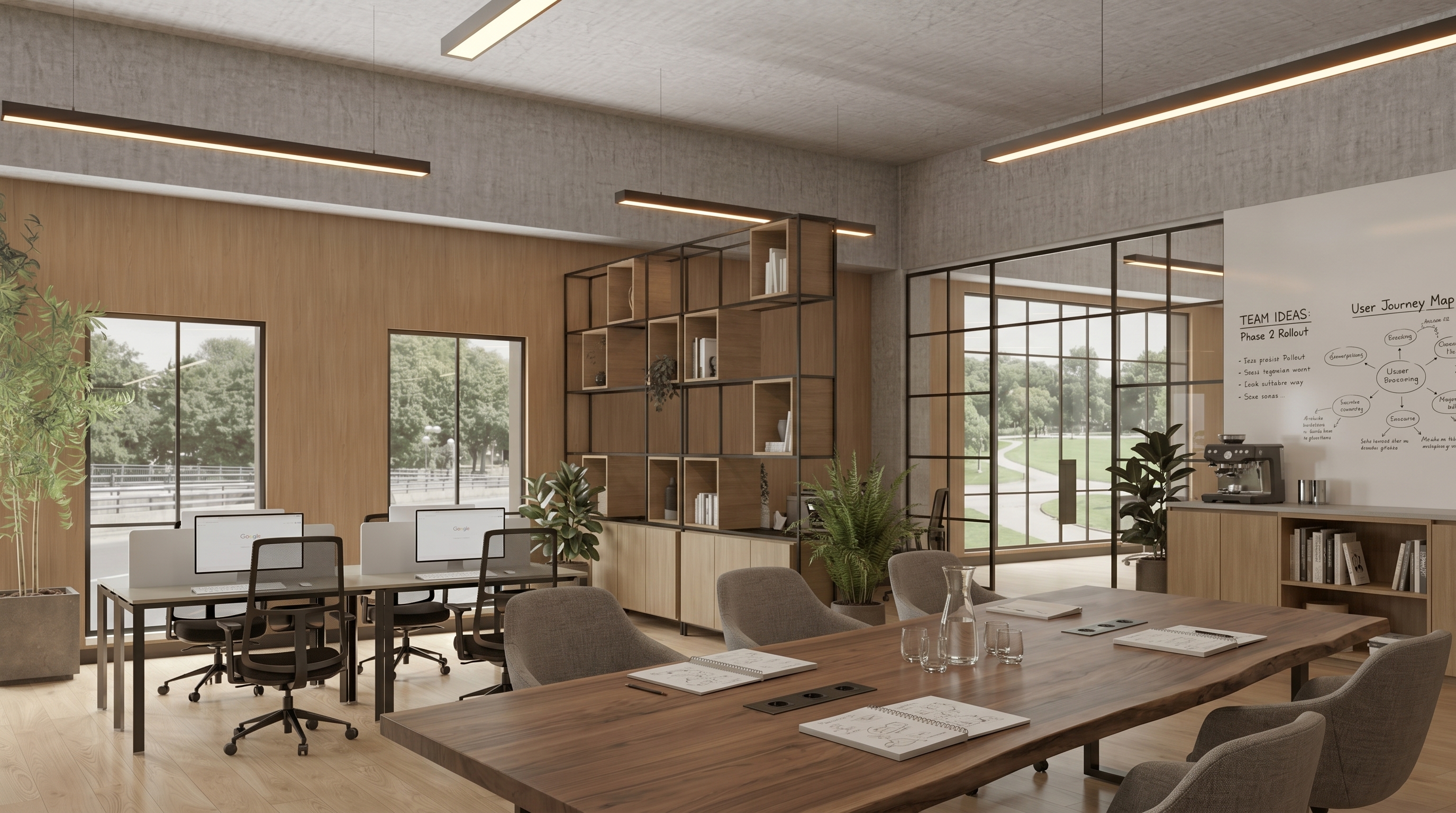 Escritório contemporâneo com madeira, concreto, áreas de trabalho e sala de reunião