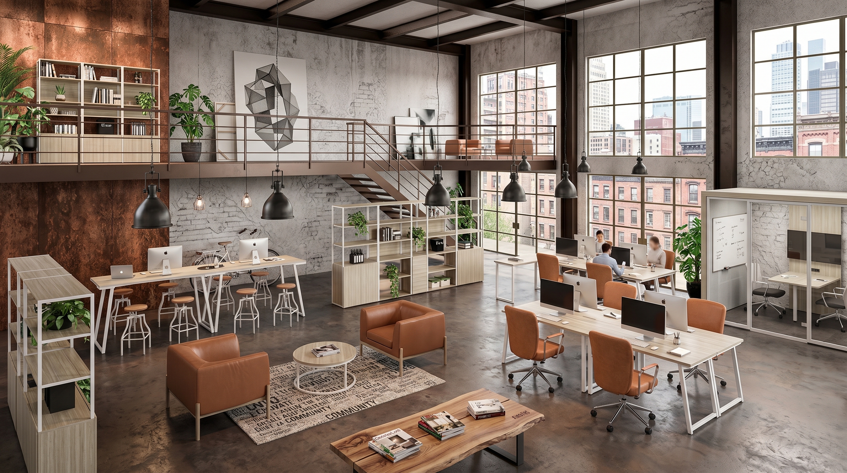 Escritório contemporâneo com estrutura industrial, áreas de trabalho e convivência
