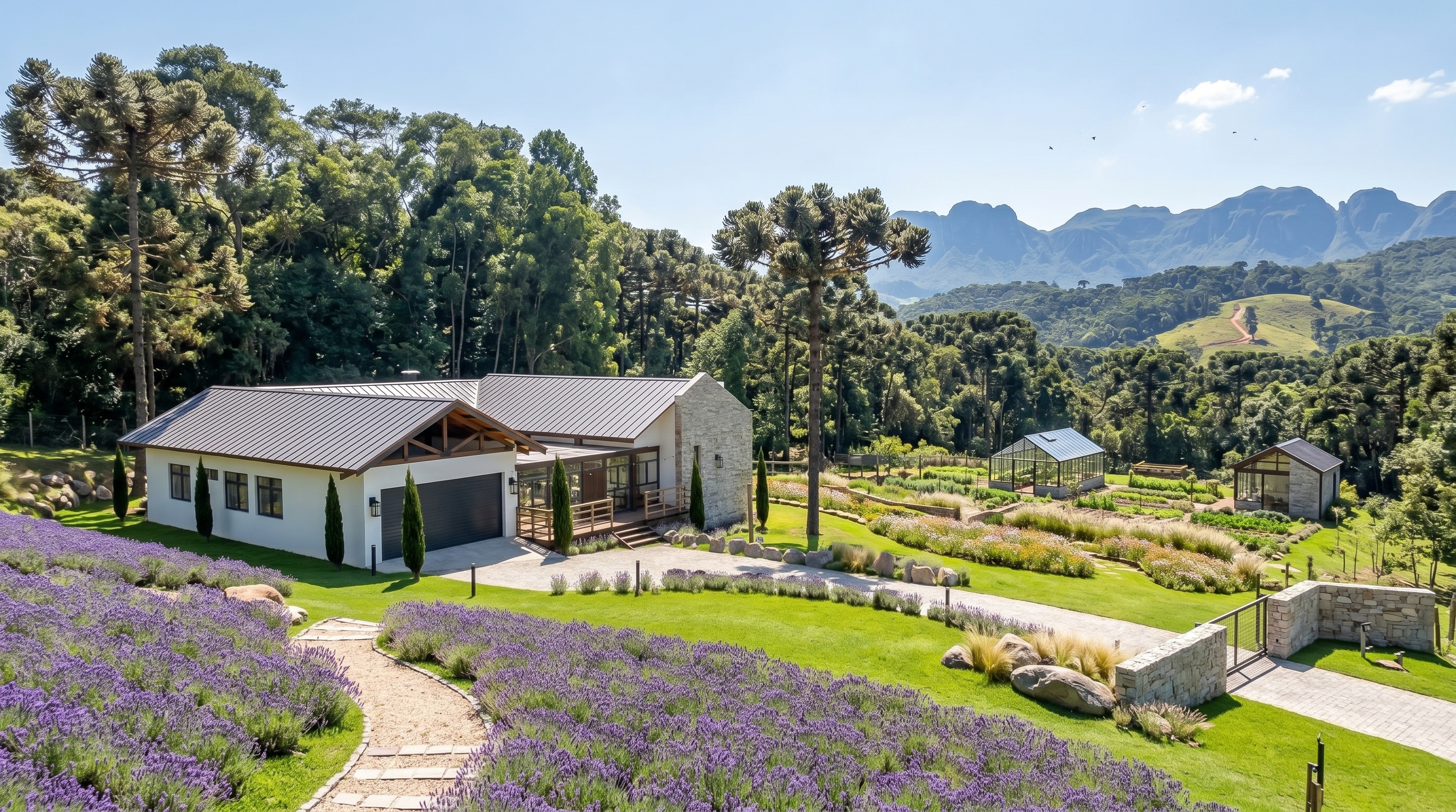 Fachada residencial com presença arquitetônica, paisagismo e materiais em equilíbrio