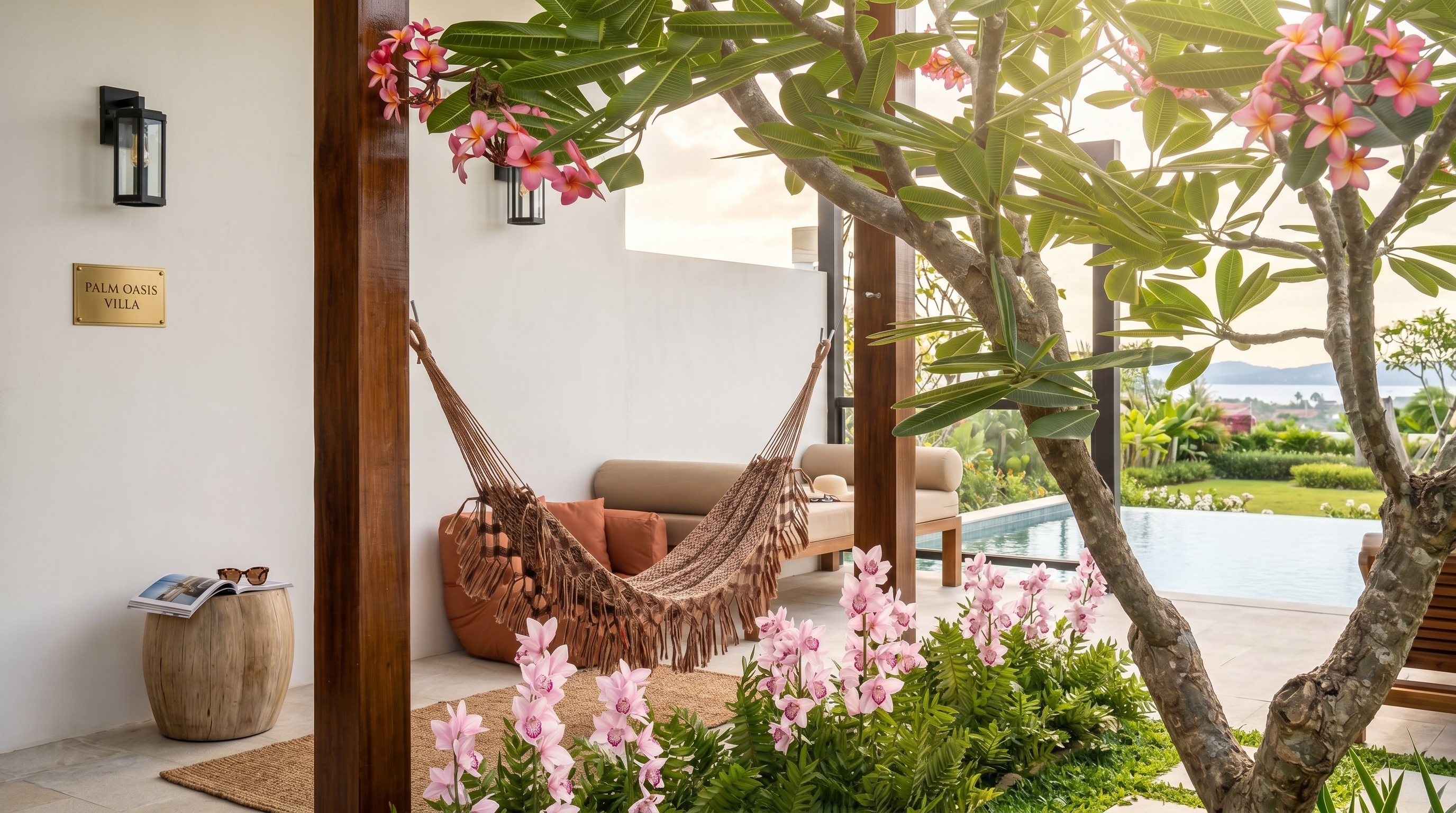 Percurso de chegada integrado ao jardim, com madeira, flores e área de descanso