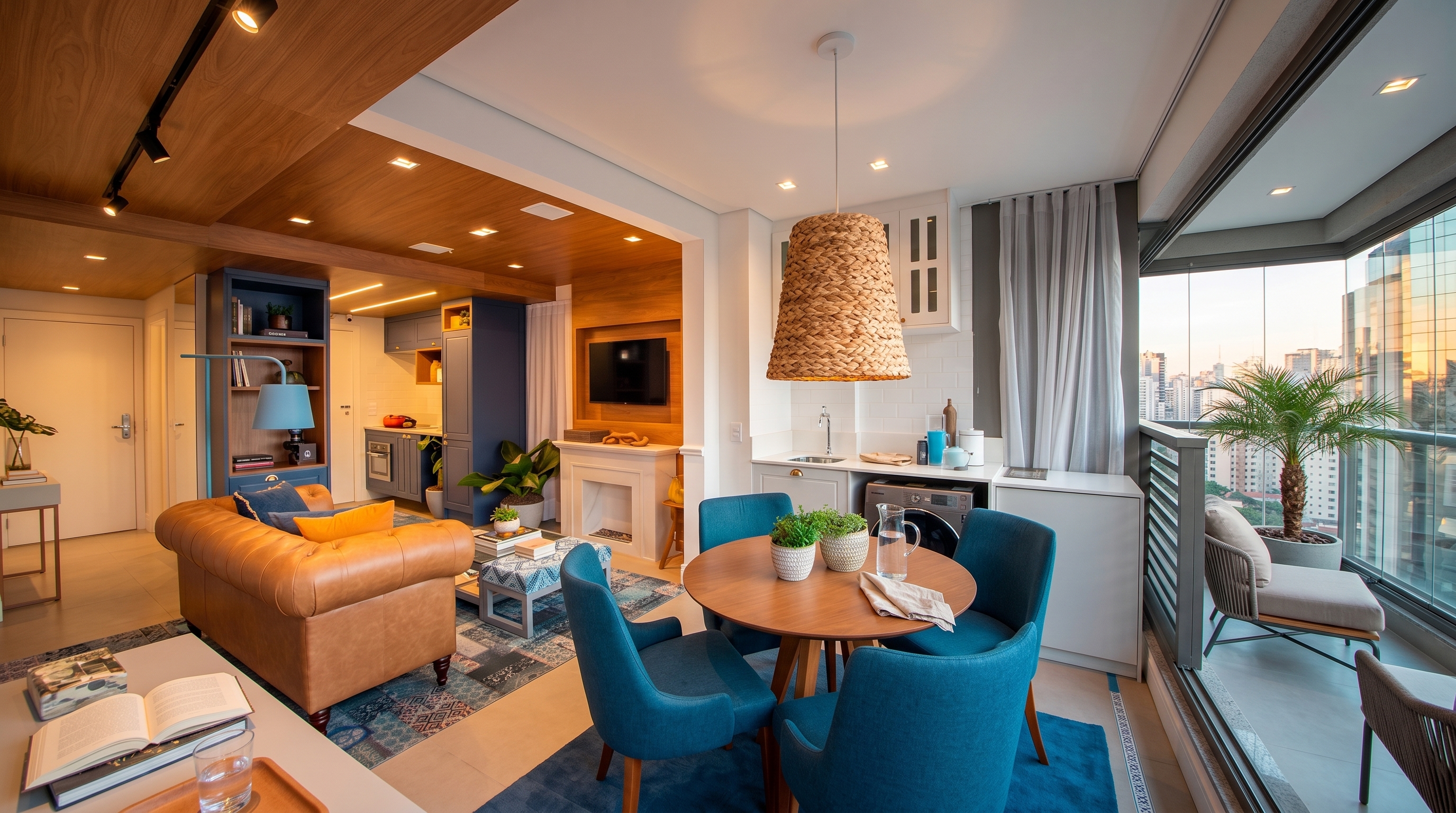 Apartamento integrado com madeira no teto, poltronas em couro, cadeiras azuis e varanda com vista urbana