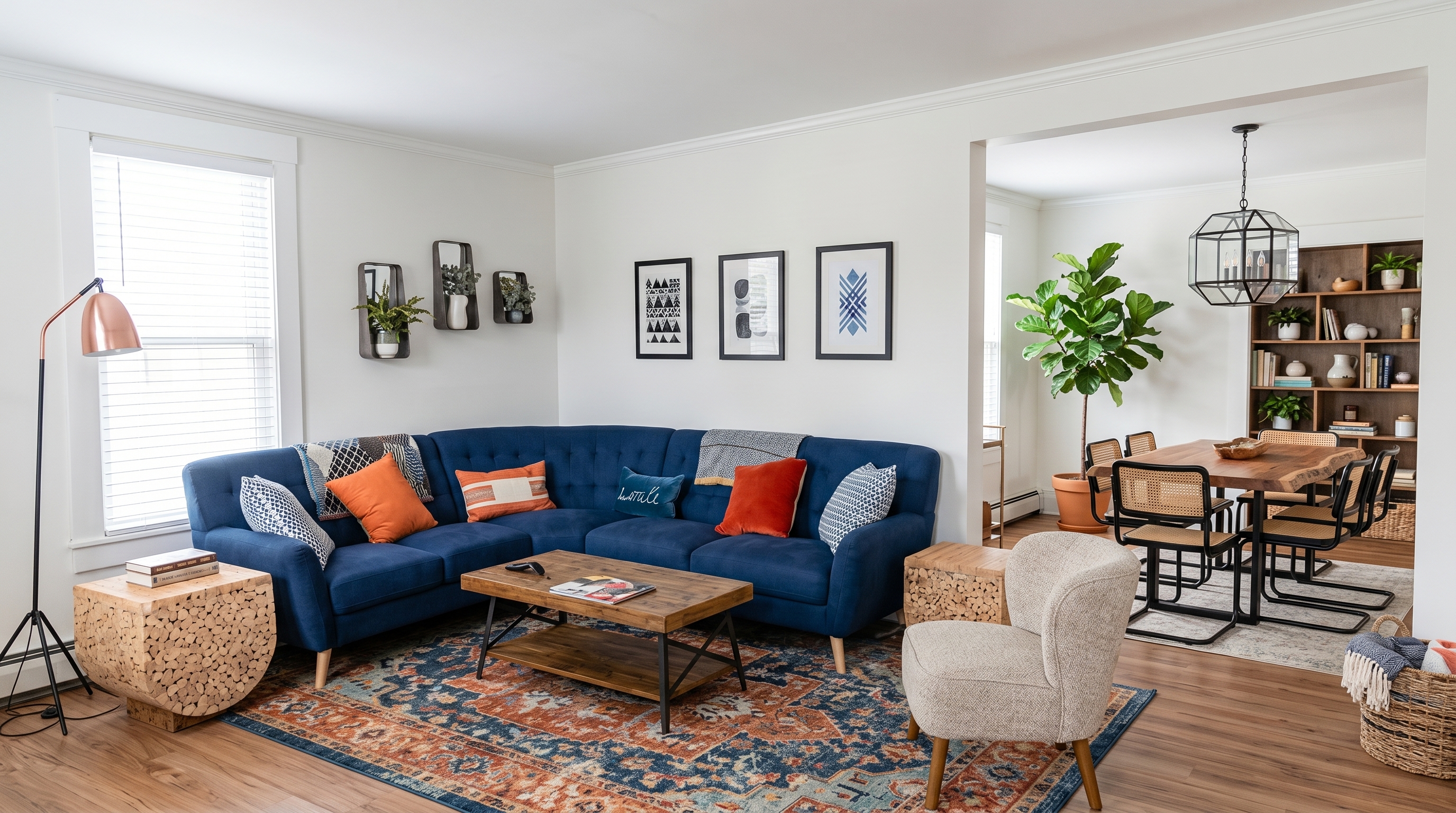 Sala integrada com sofá azul, almofadas coloridas, tapete estampado e mesa de jantar em madeira