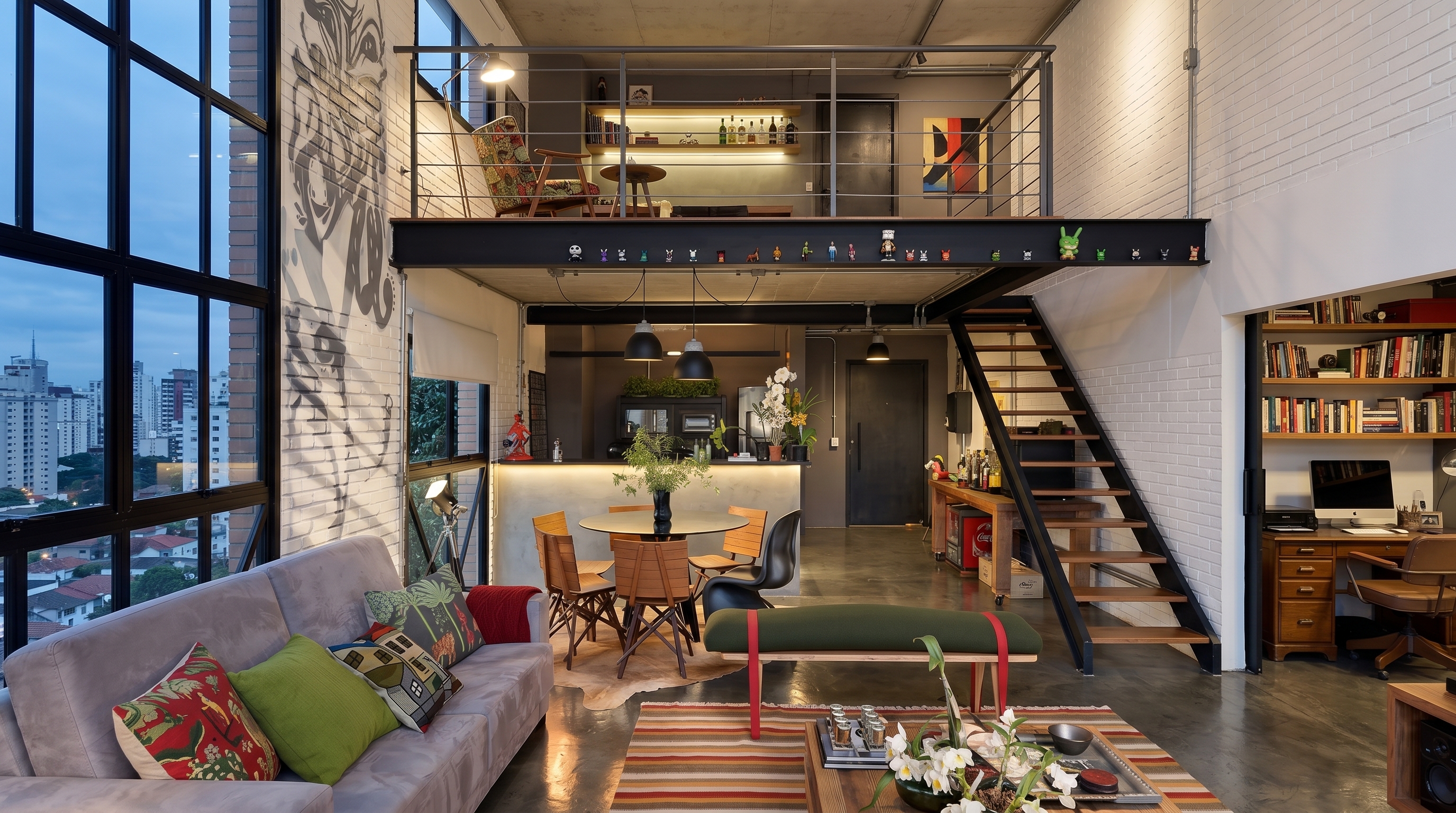 Loft com pé-direito alto, mezanino, grandes aberturas e ventilação natural