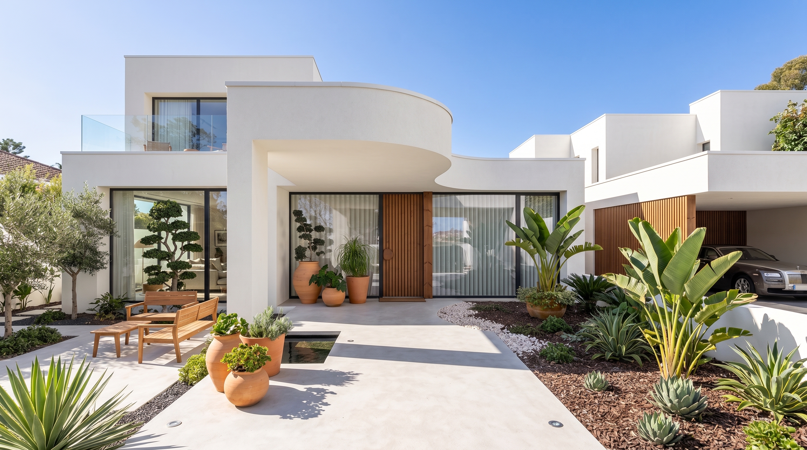 Fachada residencial com jardins, grandes aberturas e áreas externas integradas