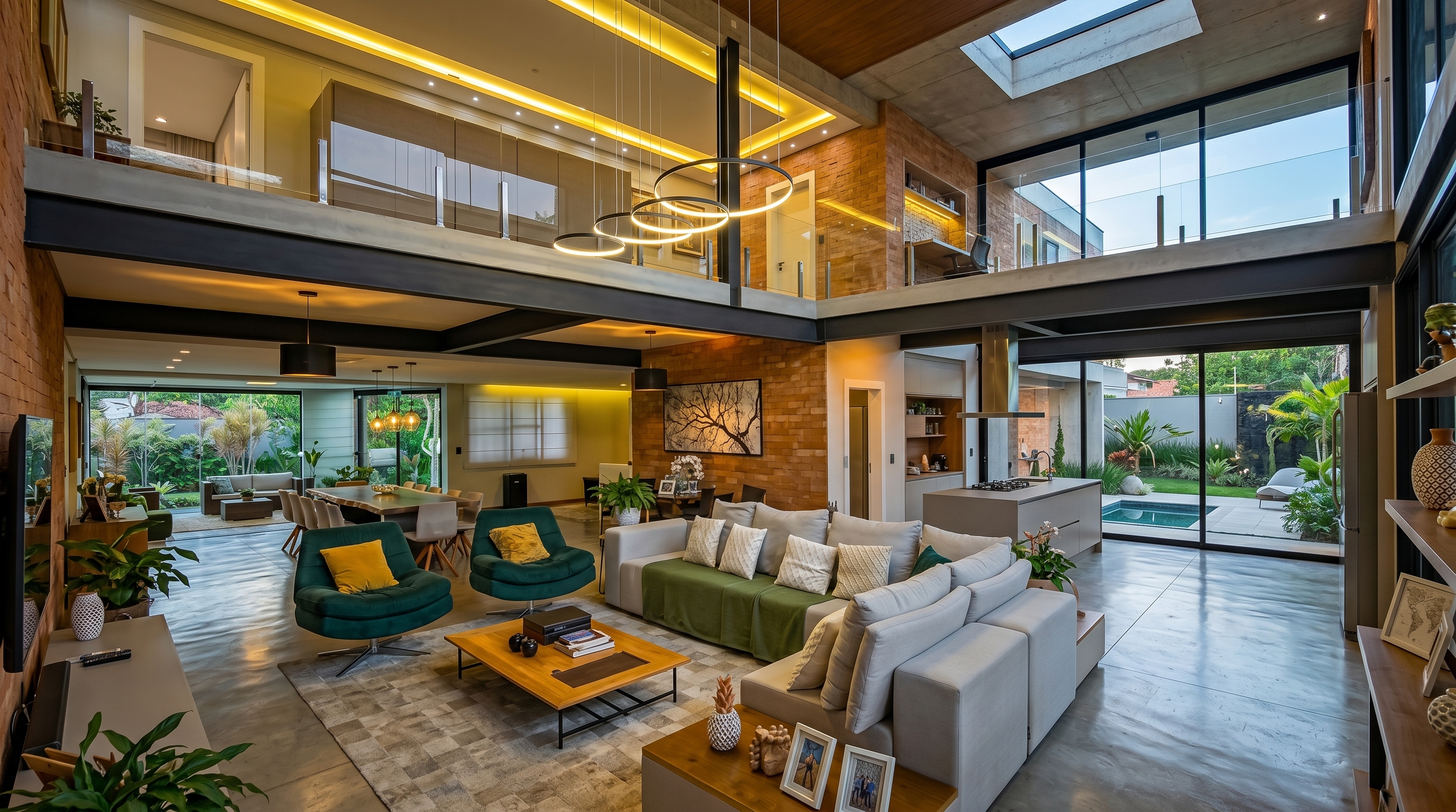 Casa integrada com madeira, tijolos aparentes, vidro e iluminação contemporânea