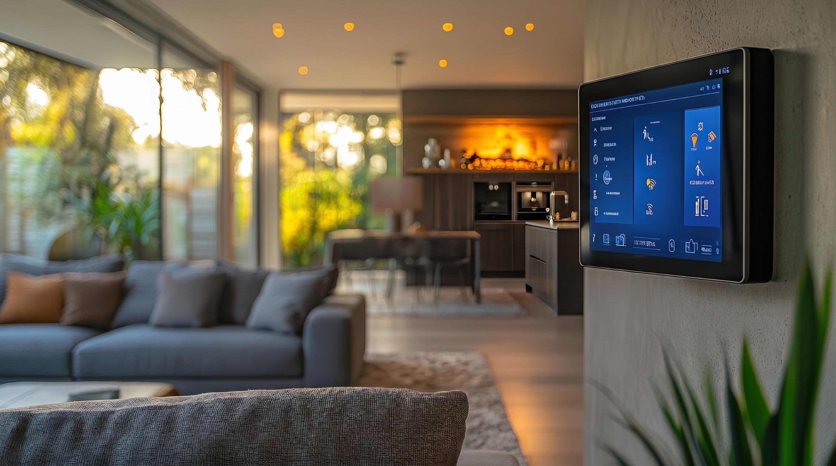 Ambiente residencial com painel de automação integrado à parede