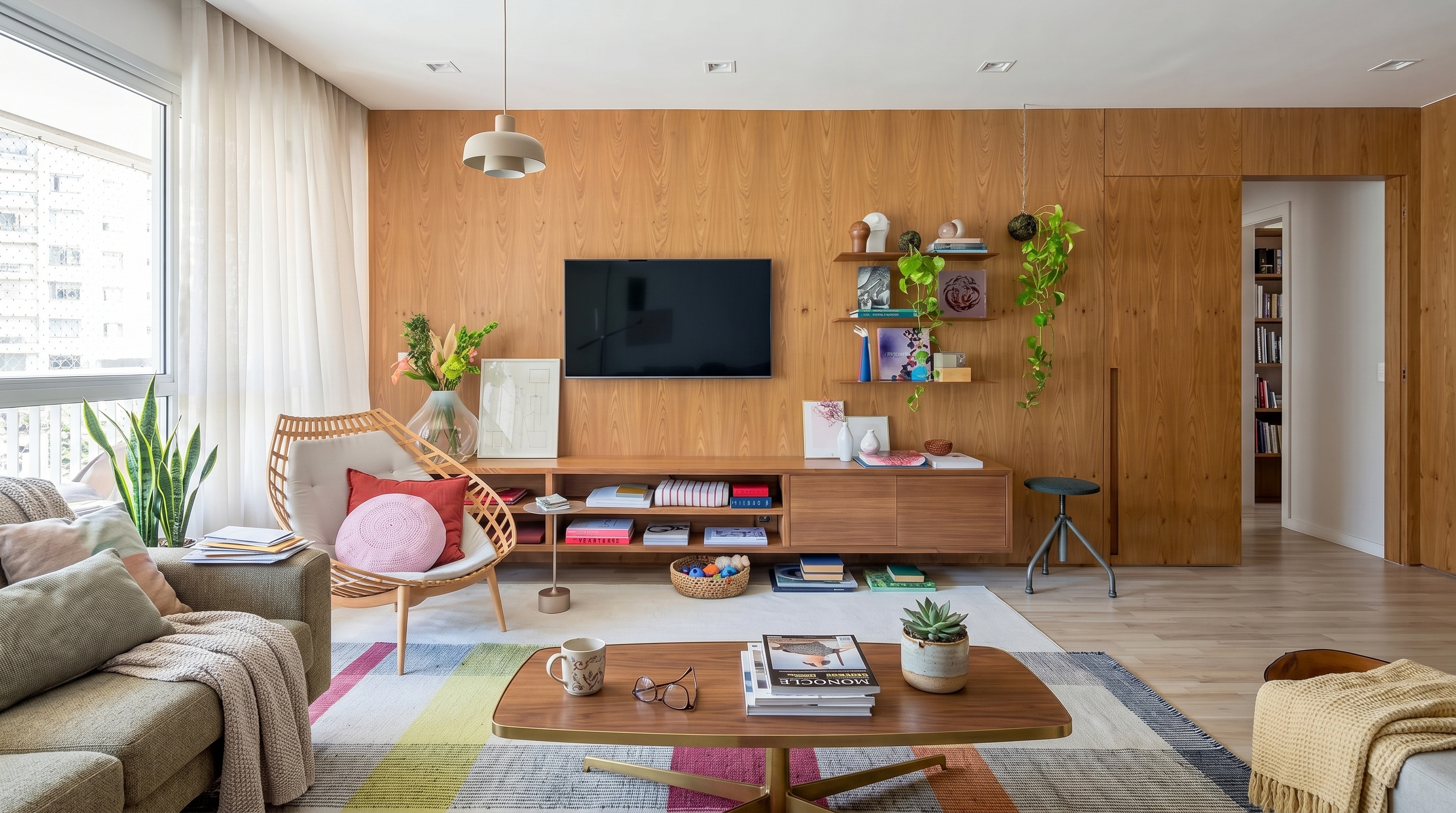 Sala residencial com marcenaria integrada, área de estar e espaço versátil