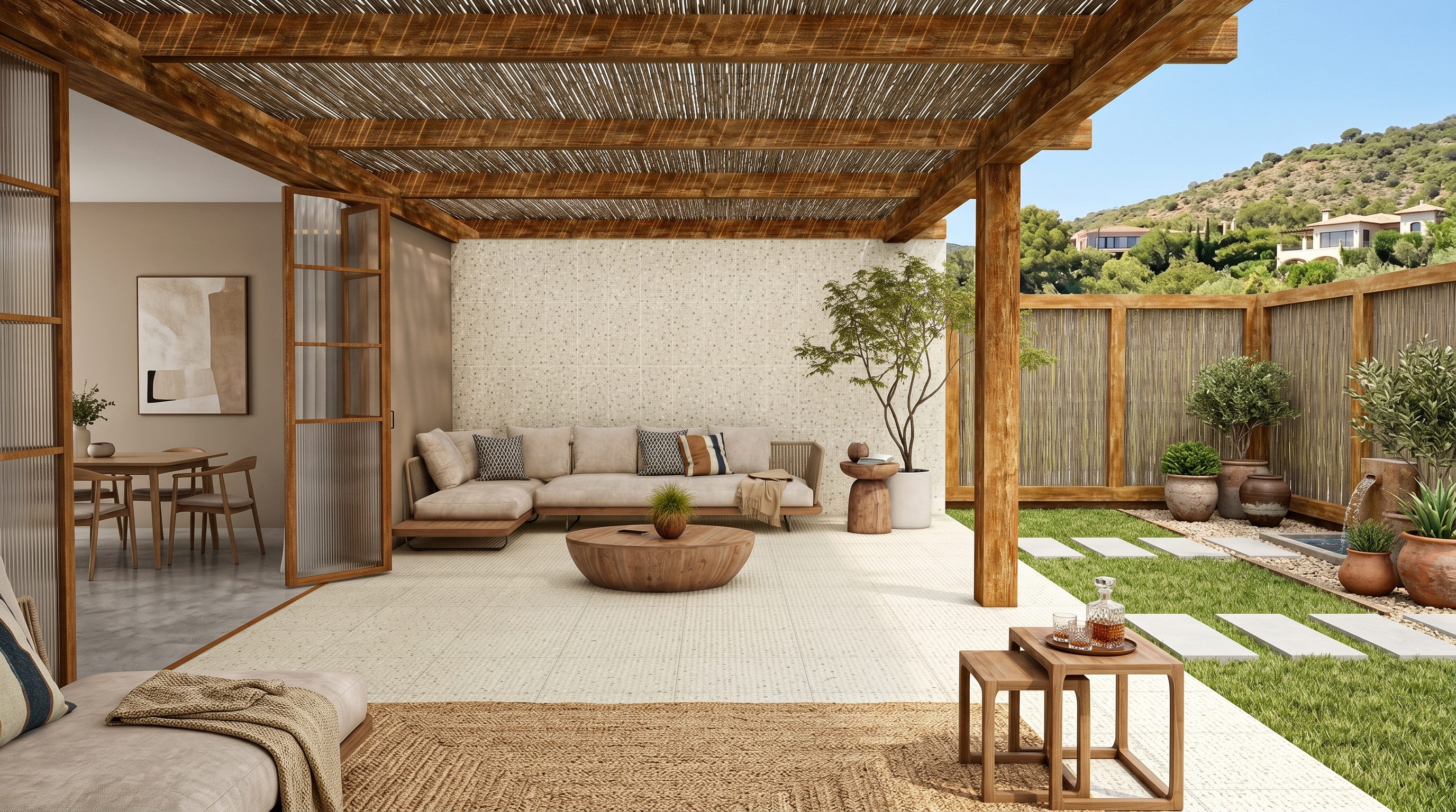 Área externa residencial com estrutura de madeira, jardim e estar integrado