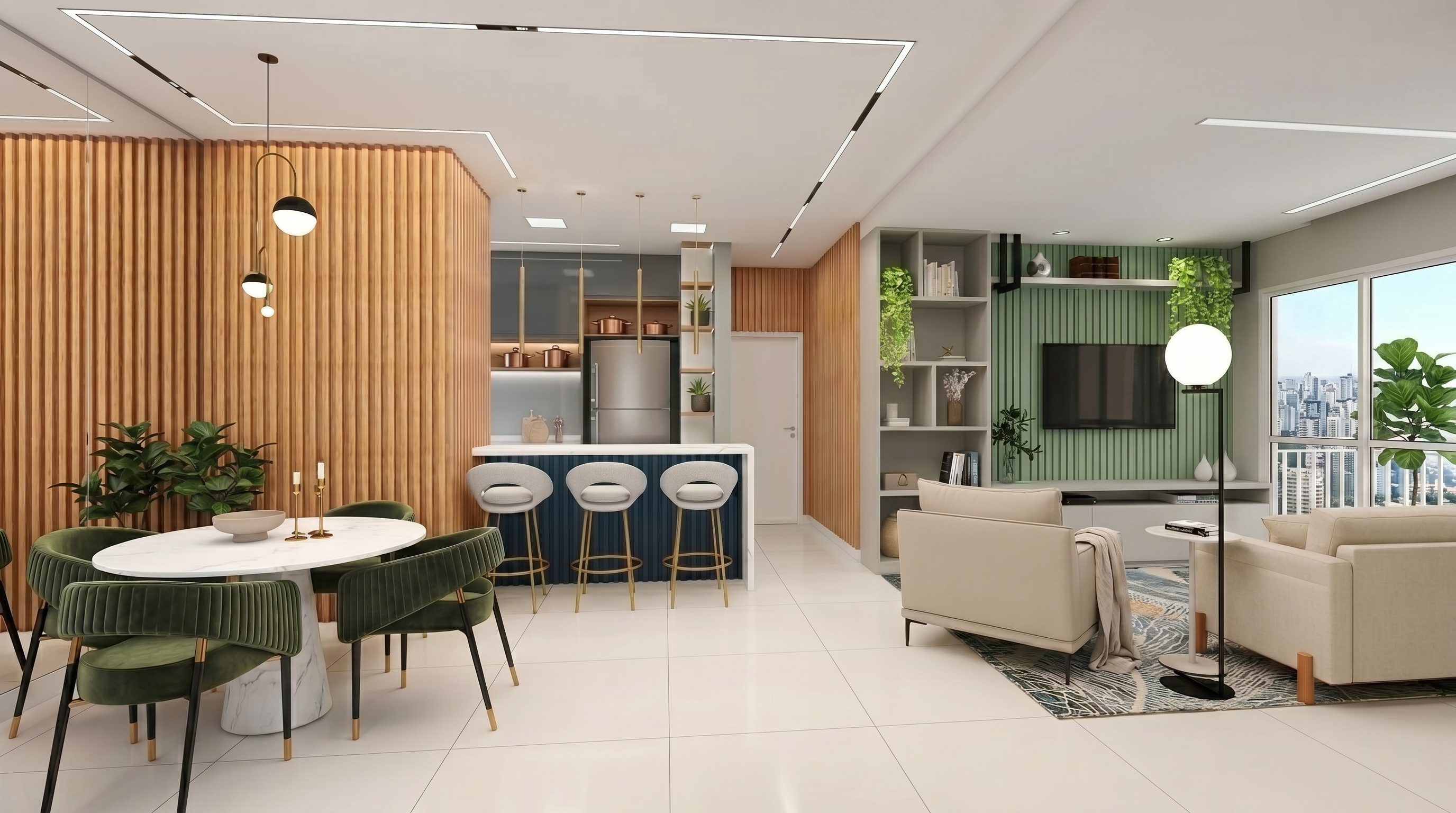 Sala e jantar integrados com painel ripado, iluminação linear, marcenaria e vista urbana