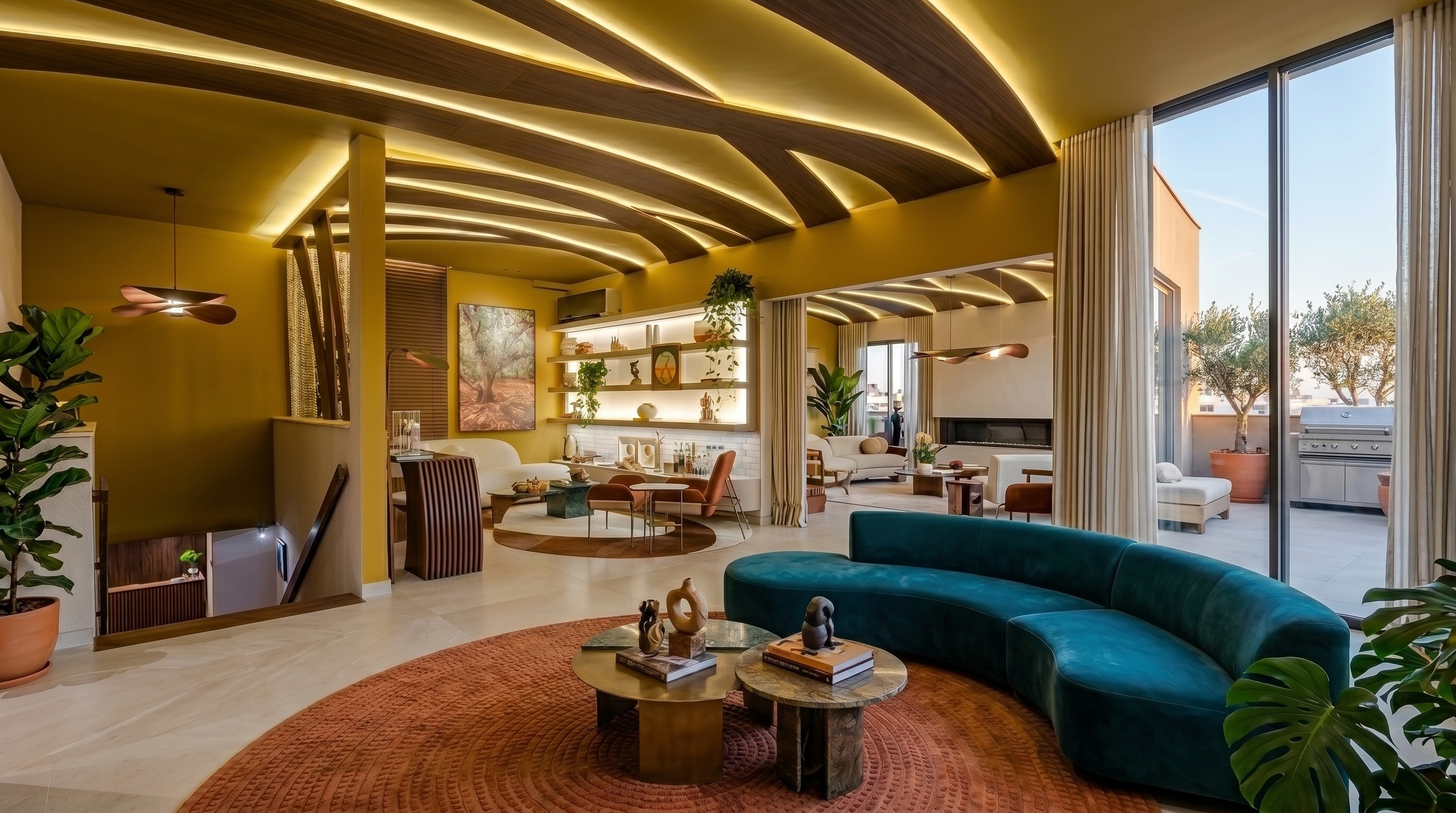 Sala integrada com iluminação planejada, madeira, área de estar e espaço gourmet