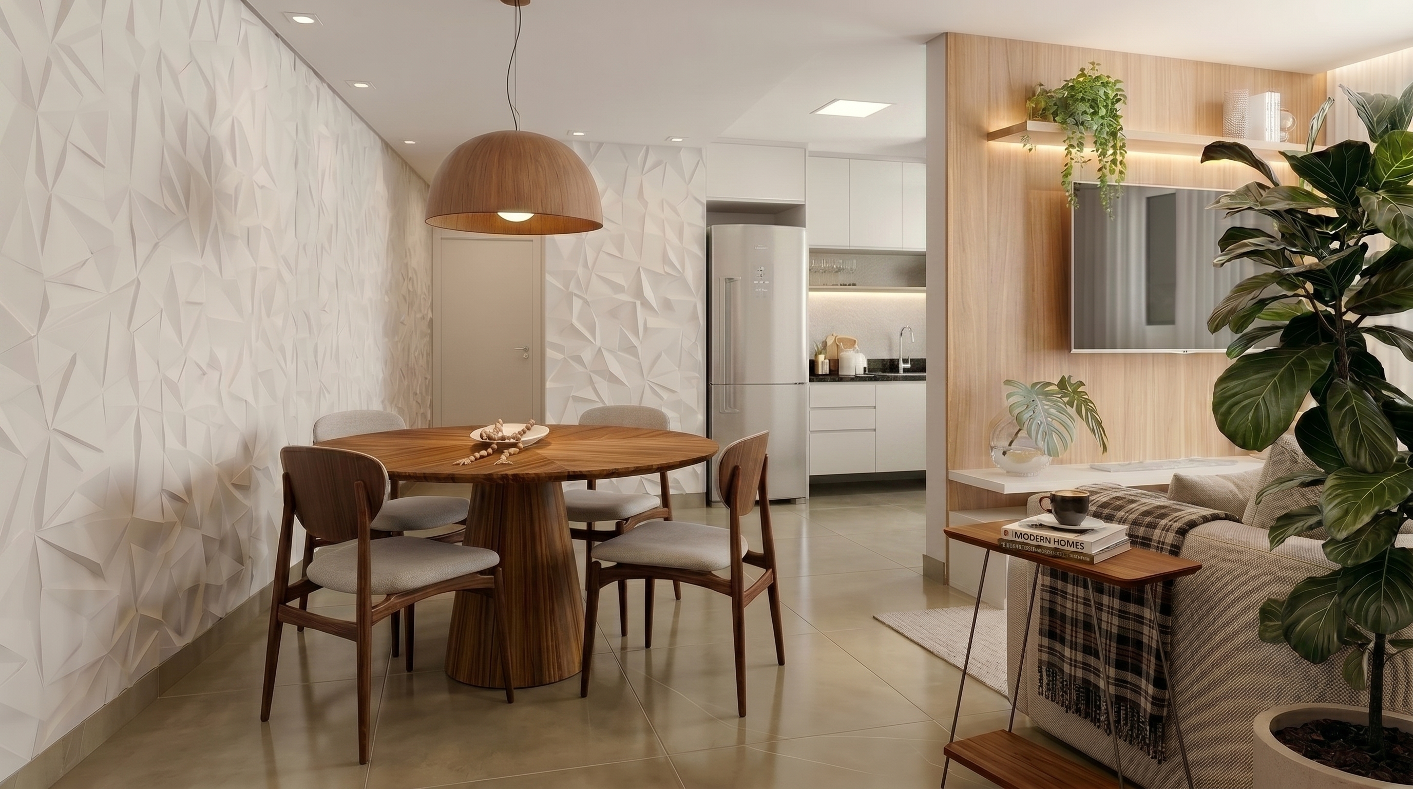 Sala de jantar e estar integradas, com marcenaria clara, iluminação planejada e vegetação
