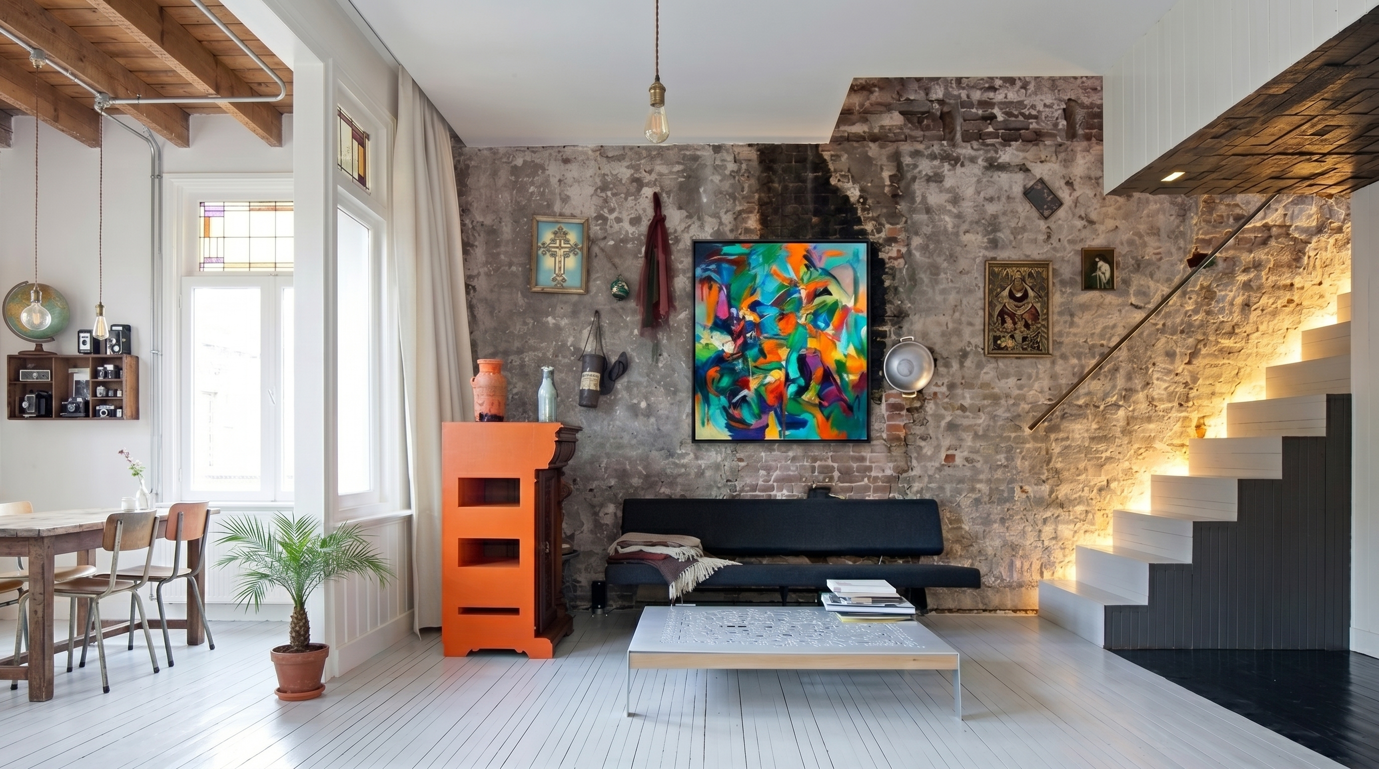 Sala integrada com parede de pedra, obra de arte colorida e escada iluminada
