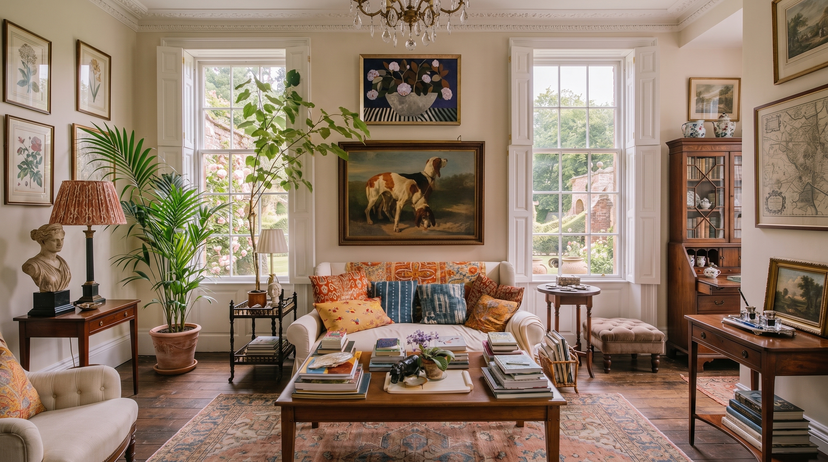 Sala com obras de arte, livros, plantas e mobiliário de diferentes épocas