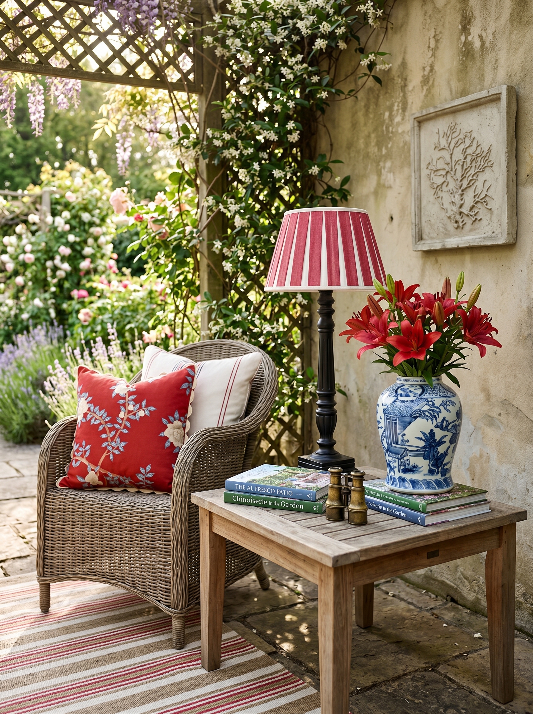Canto de jardim com poltrona, luminária, flores e objetos decorativos