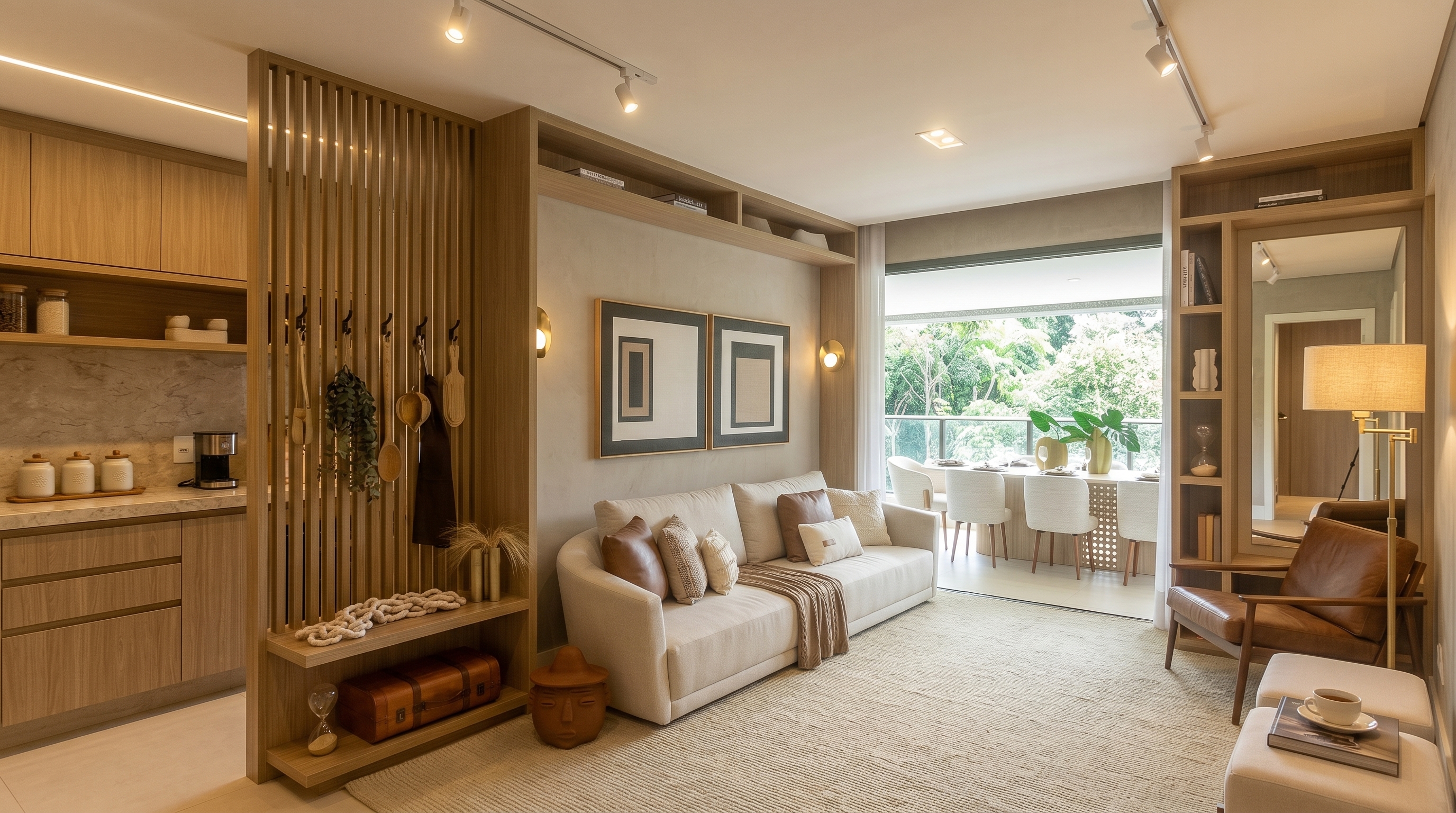 Sala integrada com madeira, luz natural e ambiente acolhedor